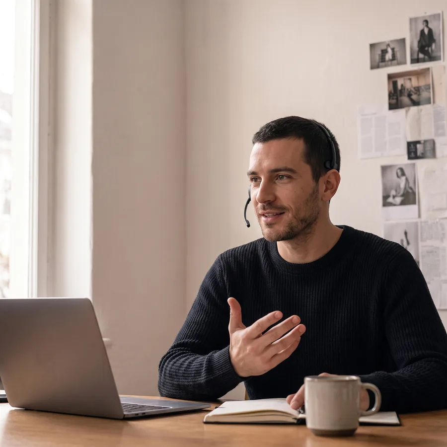 A sales professional on a call at his desk