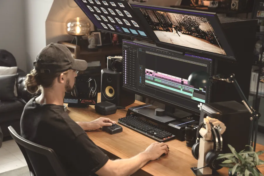 A video editor cutting a timeline at a desk with two monitors