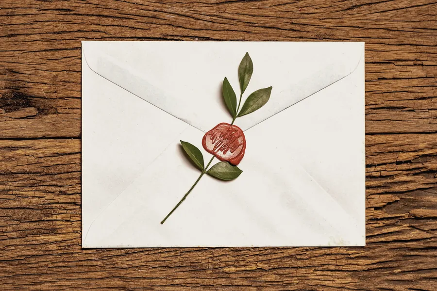 A sealed envelope with a red wax seal on a wooden table