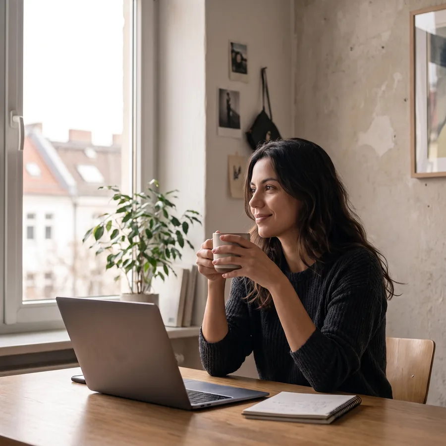 A professional working from home by a window with a coffee